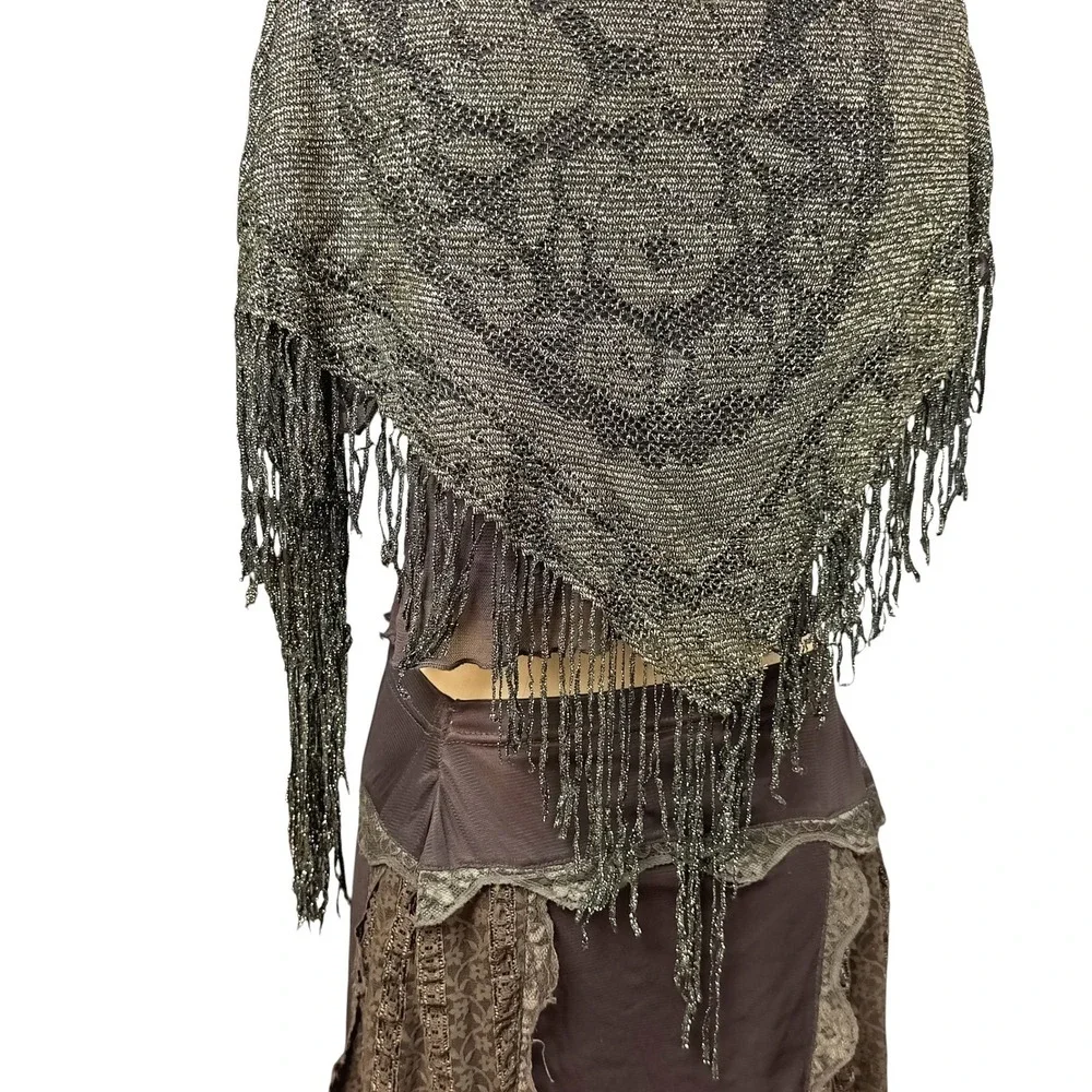 90s Whimsigoth Crochet Fringe Scarf Shawl Triangle Metallic Knit Fairy Grunge